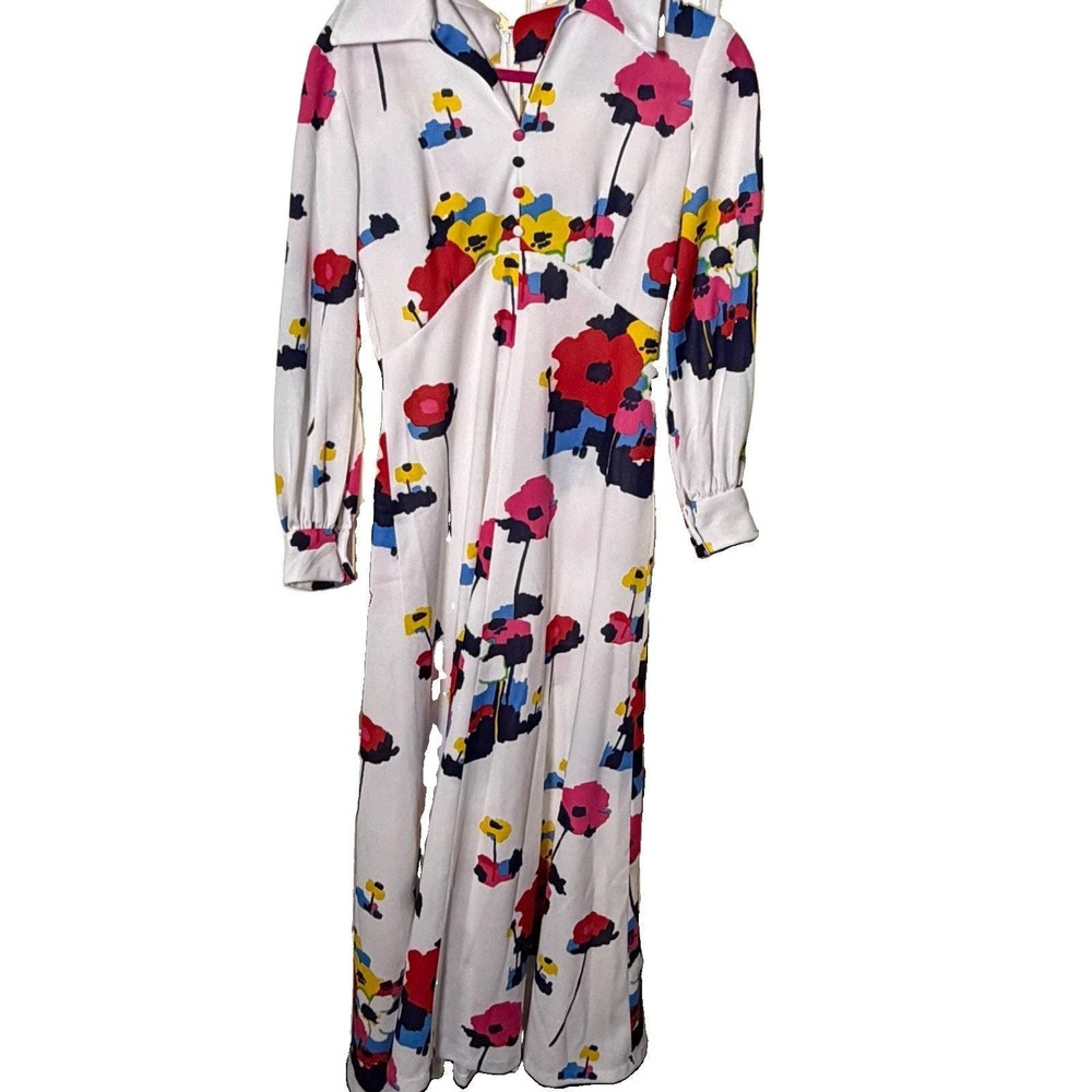 Vintage 1970s Mod Floral Maxi Dress Bold Poppy Print Groove Retro Small